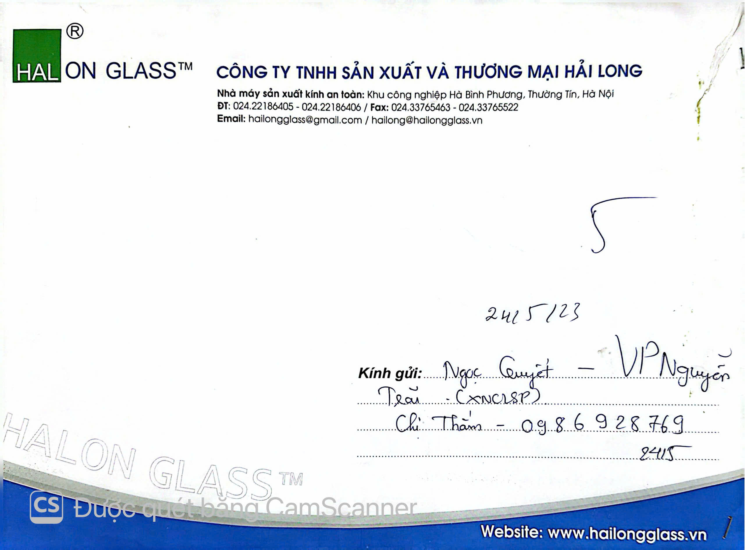 Chứng từ Hải Long Glass ghi thông tin Công ty Ngọc Quyết và địa chỉ nhận hàng